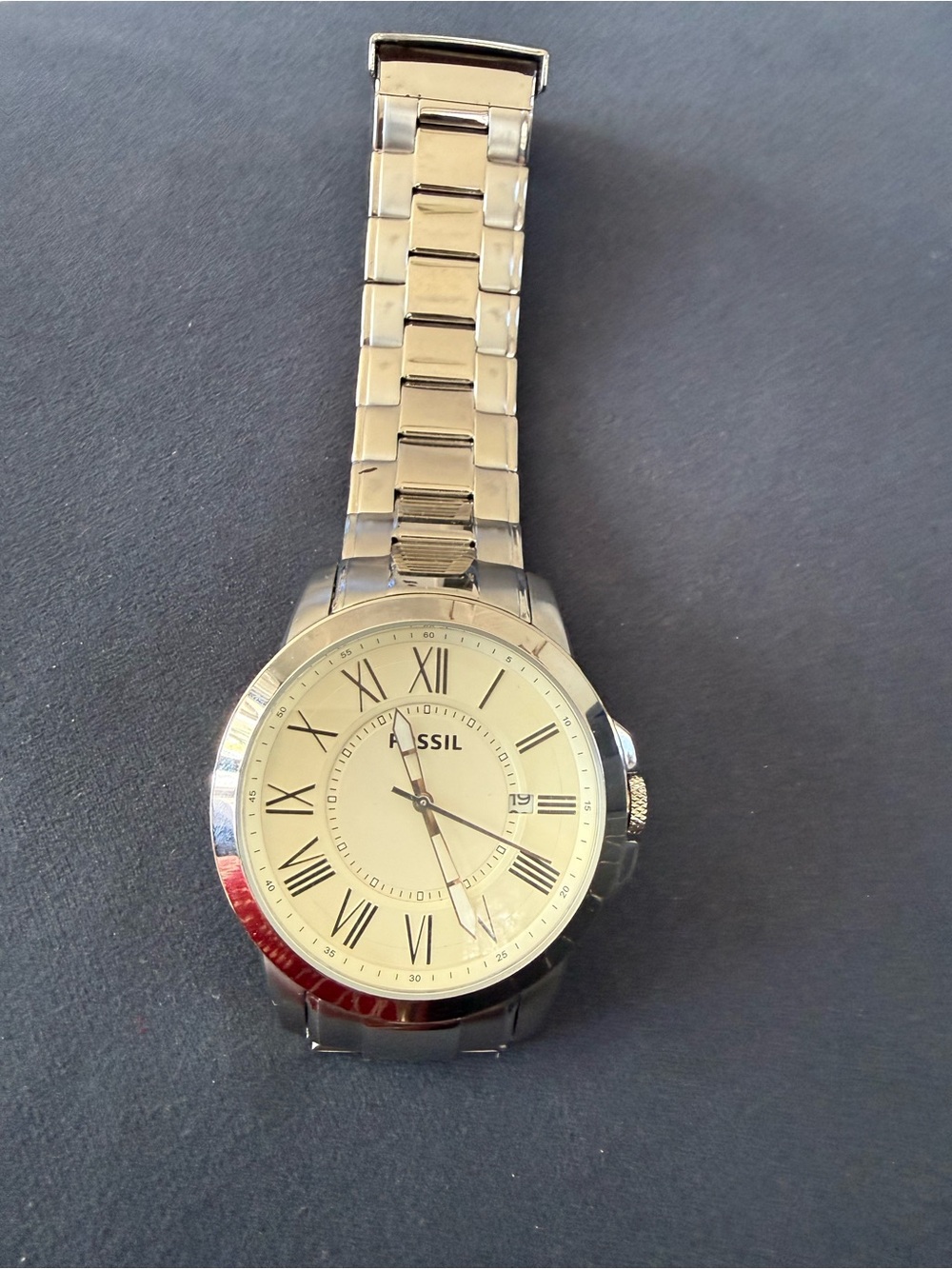 Fossil Men's Silver Tone Watch with Cream Dial and Roman Numerals